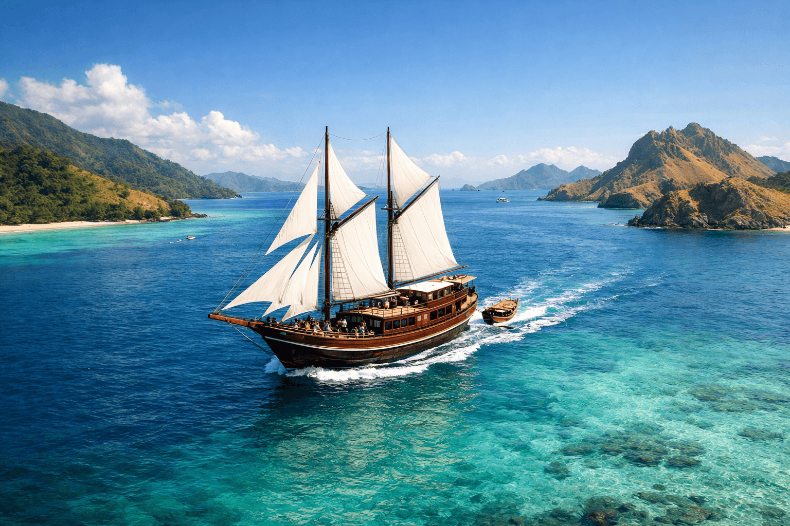 A majestic traditional Phinisi boat sailing through the turquoise waters of Komodo National Park with its iconic seven sails unfurled.