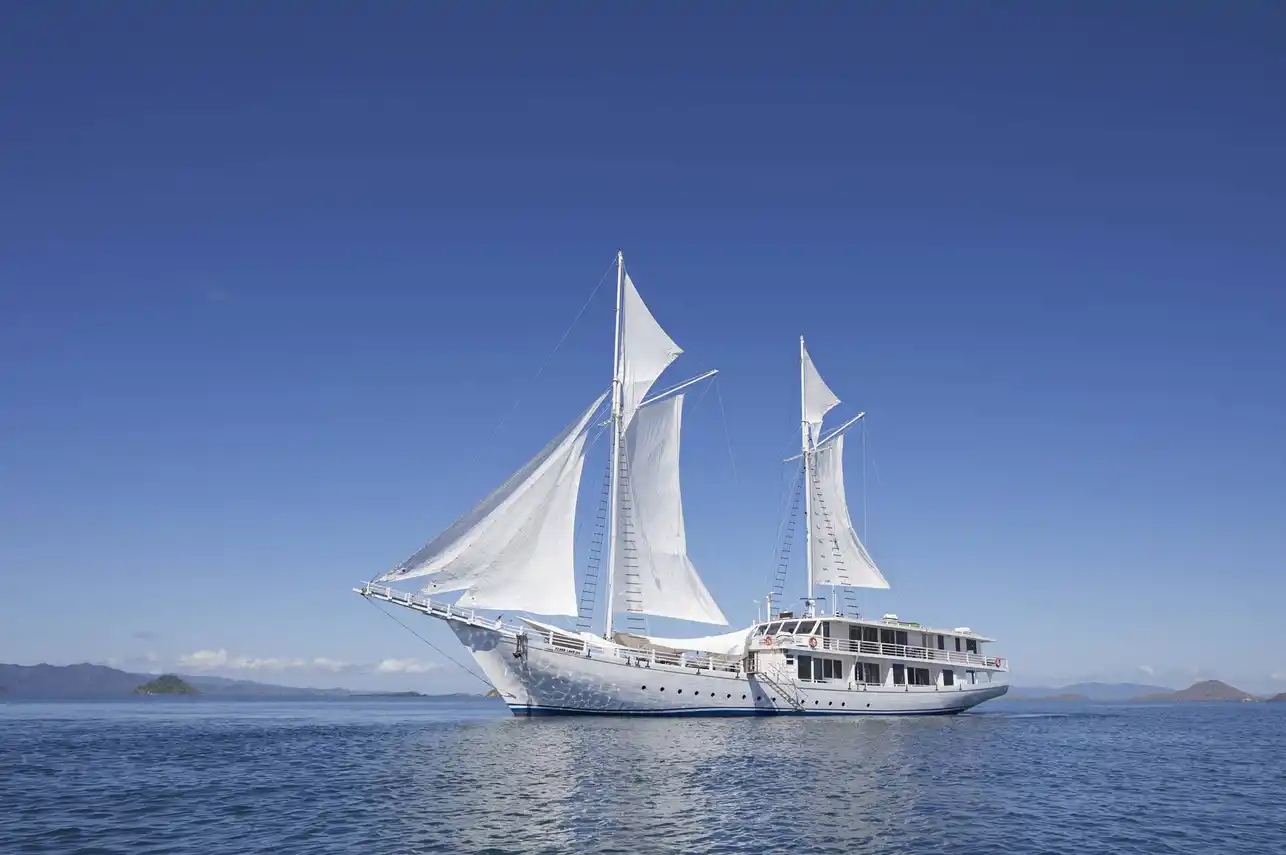 Luxury phinisi cruise Indonesia sailing on calm tropical waters with white sails raised, showcasing a traditional Indonesian wooden yacht under a clear blue sky.